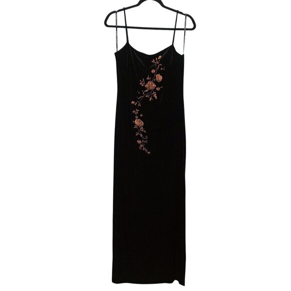 Arianna Black Velvet Copper Rose Embroidery Sleeveless Maxi Dress 14 - Picture 1 of 12